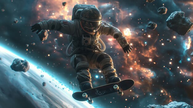 Spaceman skateboarding on different planets in the space