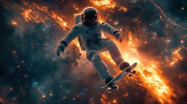 Spaceman skateboarding on different planets in the space