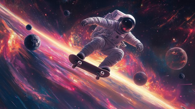 Spaceman skateboarding on different planets in the space