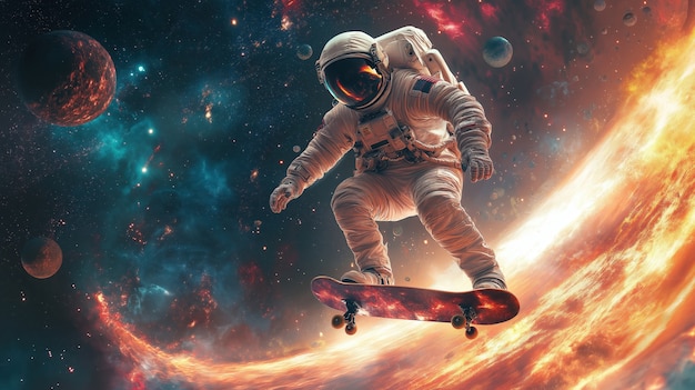 Spaceman skateboarding on different planets in the space