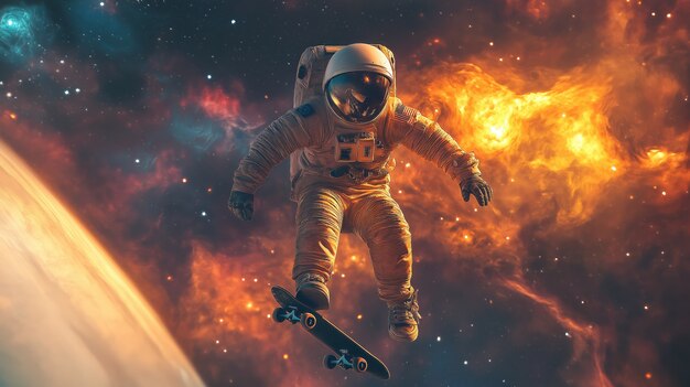 Spaceman skateboarding on different planets in the space