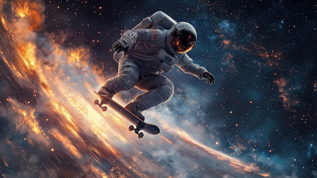 Spaceman skateboarding on different planets in the space