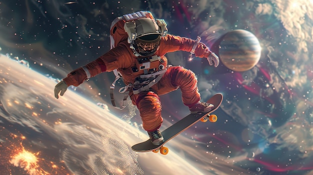 Free Photo spaceman skateboarding on different planets in the space