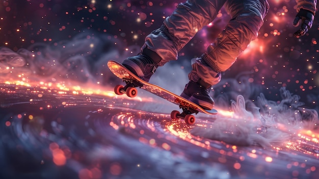 Free Photo spaceman skateboarding on different planets in the space