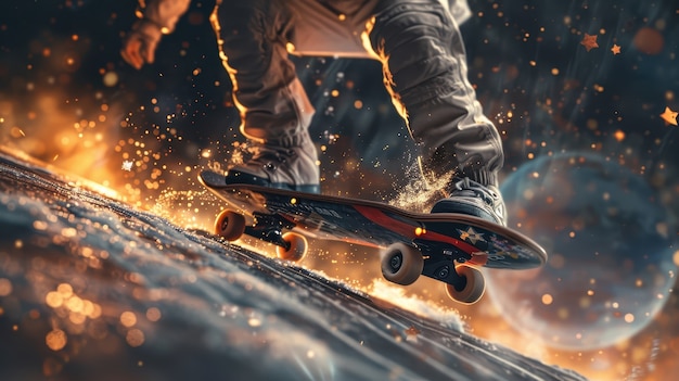 Free photo spaceman skateboarding on different planets in the space