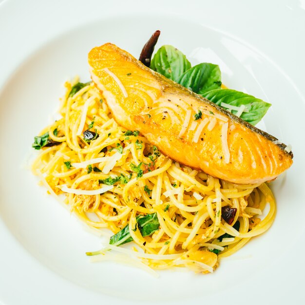 Spaghetti and Pasta with salmon fillet meat