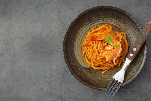 Spaghetti Seafood with Tomato Sauce Decorated with beautiful ingredients.