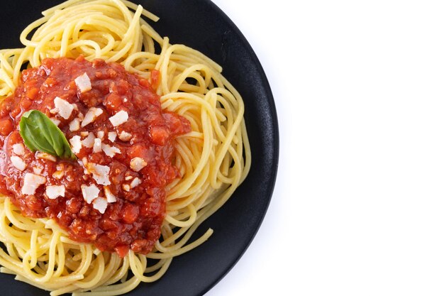 Spaghetti with bolognese sauce isolated on white background