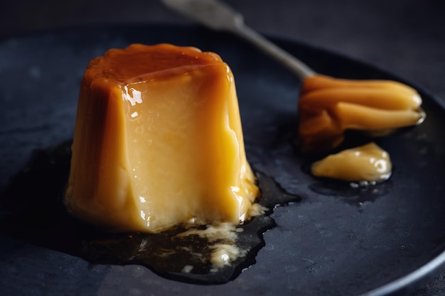 Free photo spanish dessert flan with sauce served on plate. closeup