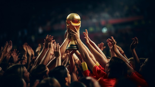 Spanish team holding the world cup trophy