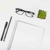 Free photo spectacles; potted plant; notepad; pen and pencil on white background