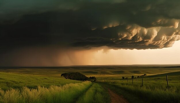 Spectacular sunset hues over dramatic mountain landscape generated by AI