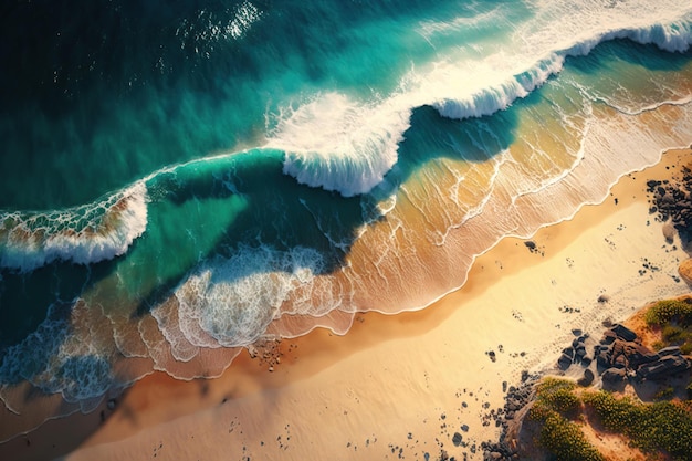 Spectacular top view from drone photo of beautiful pink beach with relaxing sunlight sea water waves pounding the sand at the shore Calmness and refreshing beach scenery Created Using Generative AI