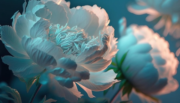 Spectral light illuminates transparent bright blue colored peonies abstract flower art generative ai