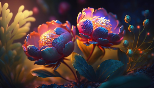 Spectral light illuminates transparent bright deep colored peonies abstract flower art generative ai