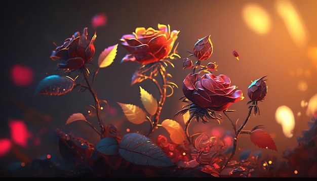 Spectral light illuminates transparent red colored red roses abstract flower art generative ai