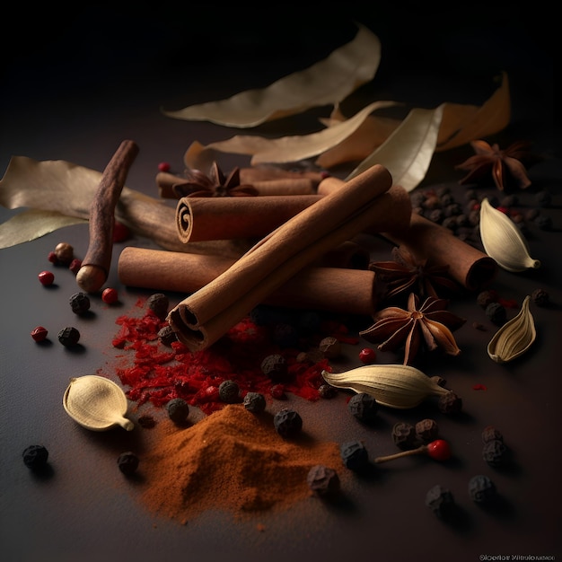 Spices and herbs on black background Food and cuisine ingredients