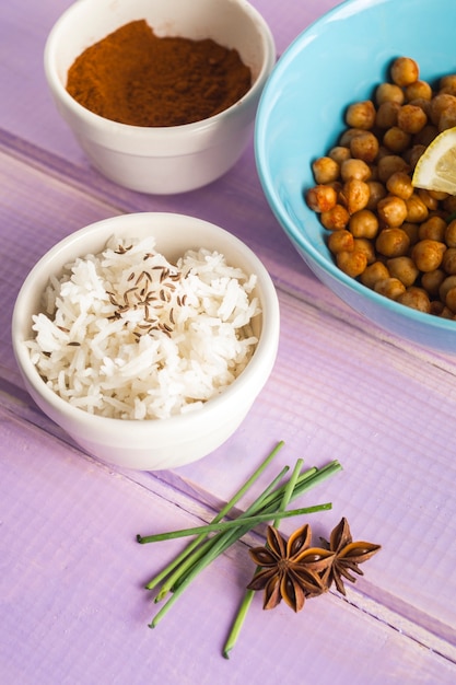 Spices near rice and chickpea