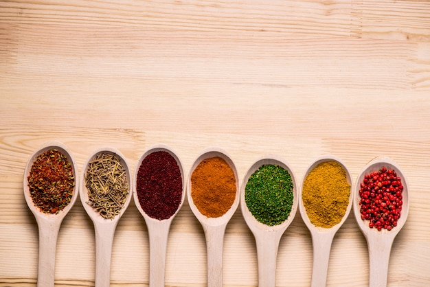 Spices in spoons on wooden table