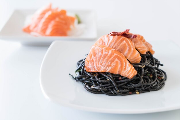 spicy black spaghetti with salmon