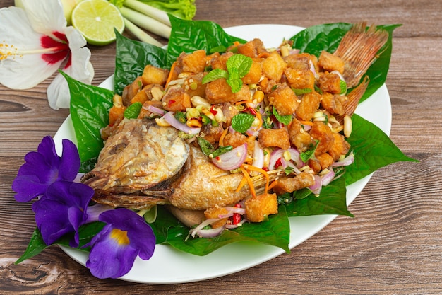 Spicy Fried Tubtim Fish Salad, Spicy, Thai Food.