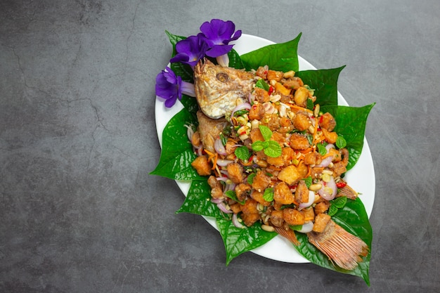 Spicy Fried Tubtim Fish Salad, Spicy, Thai Food.