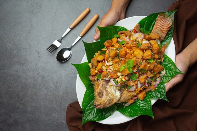 Spicy Fried Tubtim Fish Salad, Spicy, Thai Food.