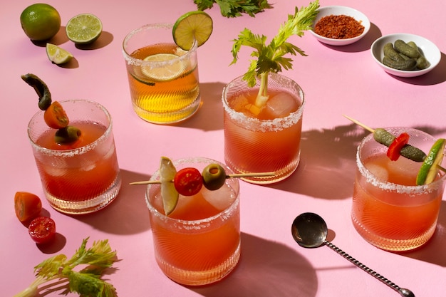 Free photo spicy michelada drink assortment on the table