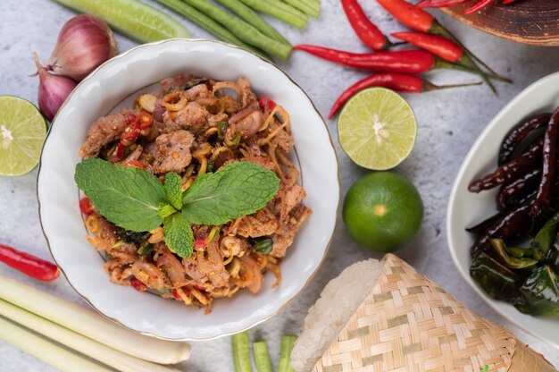 Spicy minced pork in a white plate.