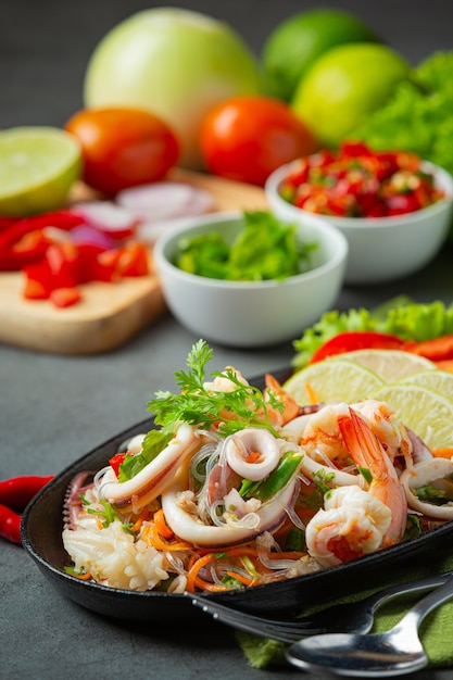 Spicy Mixed Seafood Salad with Thai food ingredients.