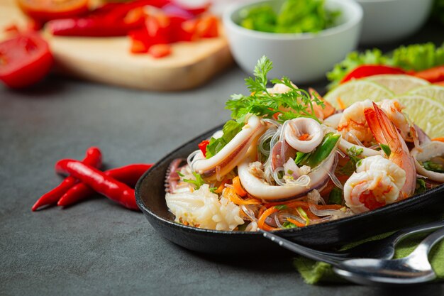 Spicy Mixed Seafood Salad with Thai food ingredients.