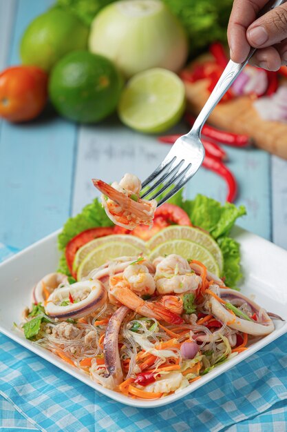 Spicy Mixed Seafood Salad with Thai food ingredients.