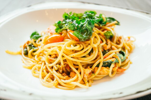 Spicy spaghetti and pasta with salmon