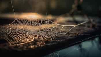 Free photo spider web traps dew drops in autumn forest generated by ai