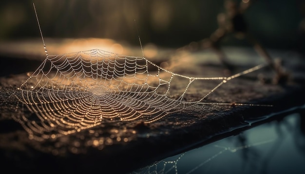 Free Photo spider web traps dew drops in autumn forest generated by ai