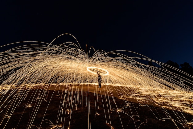 Free photo spiral steel wool fire ,art of spinning steel wool ,absrtact light