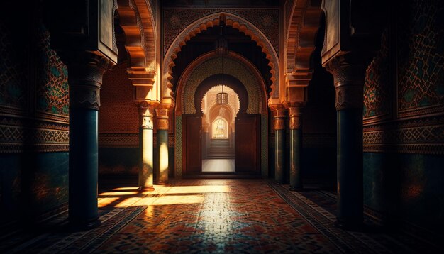 Spirituality illuminated through ancient arches ornate decoration generated by AI