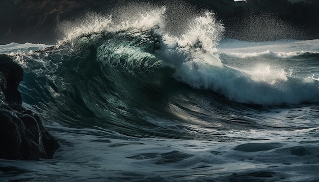 Free Photo splashing waves crashing on dark rocky shoreline generated by ai