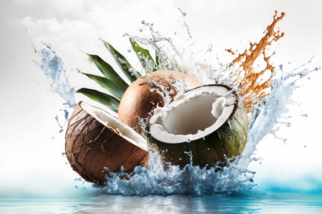 Split coconuts falling with water splash on white background Ai generative