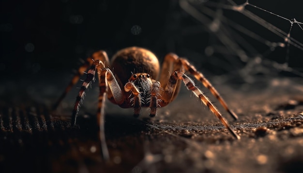 Spooky arachnid crawling on small spider web generated by AI