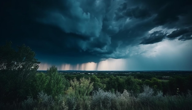 Free photo spooky forest moody sky electricity strikes tree generative ai