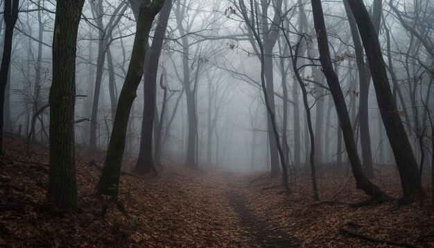 Spooky forest mystery in the autumn fog generated by AI