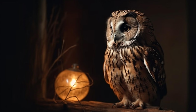 Free Photo spooky great horned owl perched on tree generated by ai