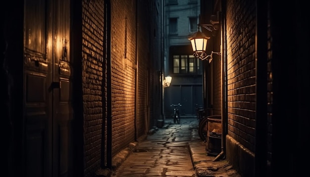 Free photo spooky lantern illuminates old brick wall at dusk generated by ai