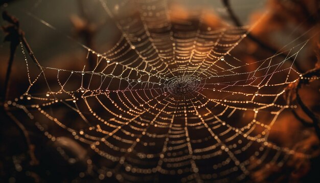 Spooky spider web traps dew drops beautifully generated by AI