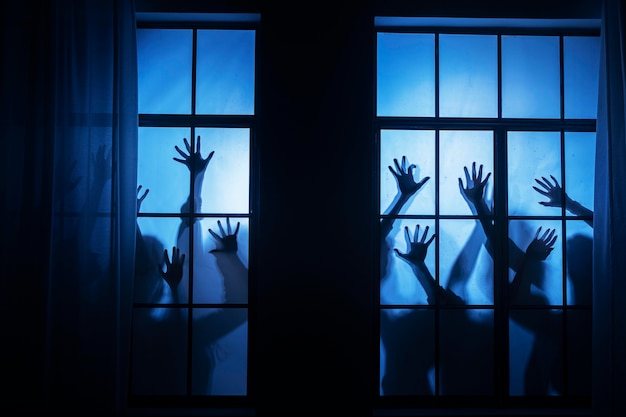 Free photo spooky zombie hands on a window