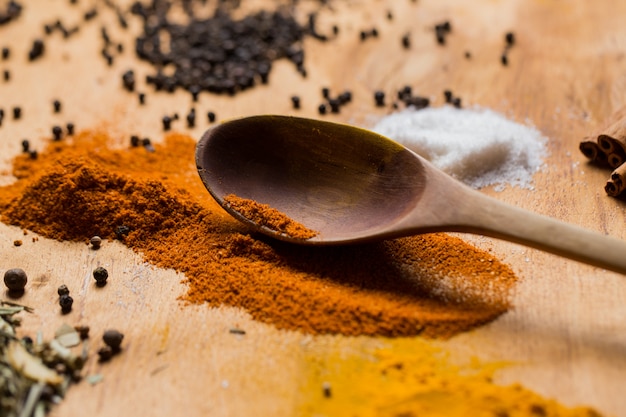 Free photo spoon and heap of spices on the table