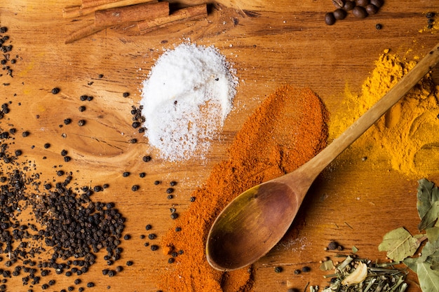 Free photo spoon and heap of spices on the table