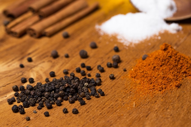 Spoon and heap of spices on the table