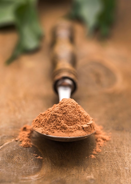 Spoon with fine powder and leaves